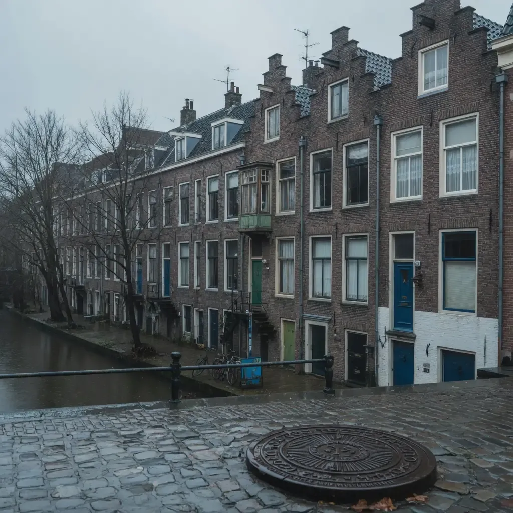 Oude woningen in de Utrechtse binnenstad met een rioolput in de straat