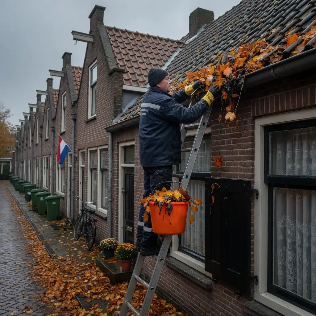 Loodgieter maakt een dakgoot vol herfstbladeren schoon aan een Utrechtse woning