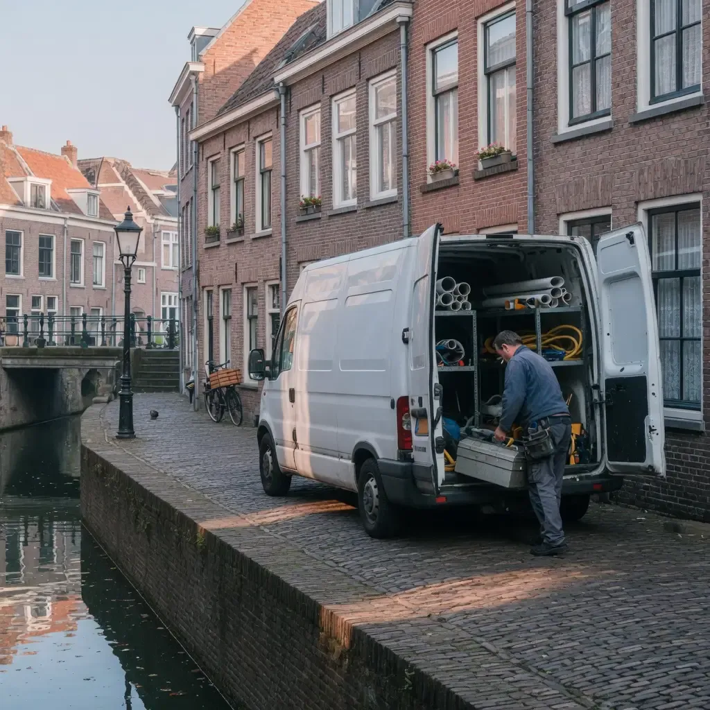 Bestelbus van een loodgieter in een Utrechtse straat bij een gracht