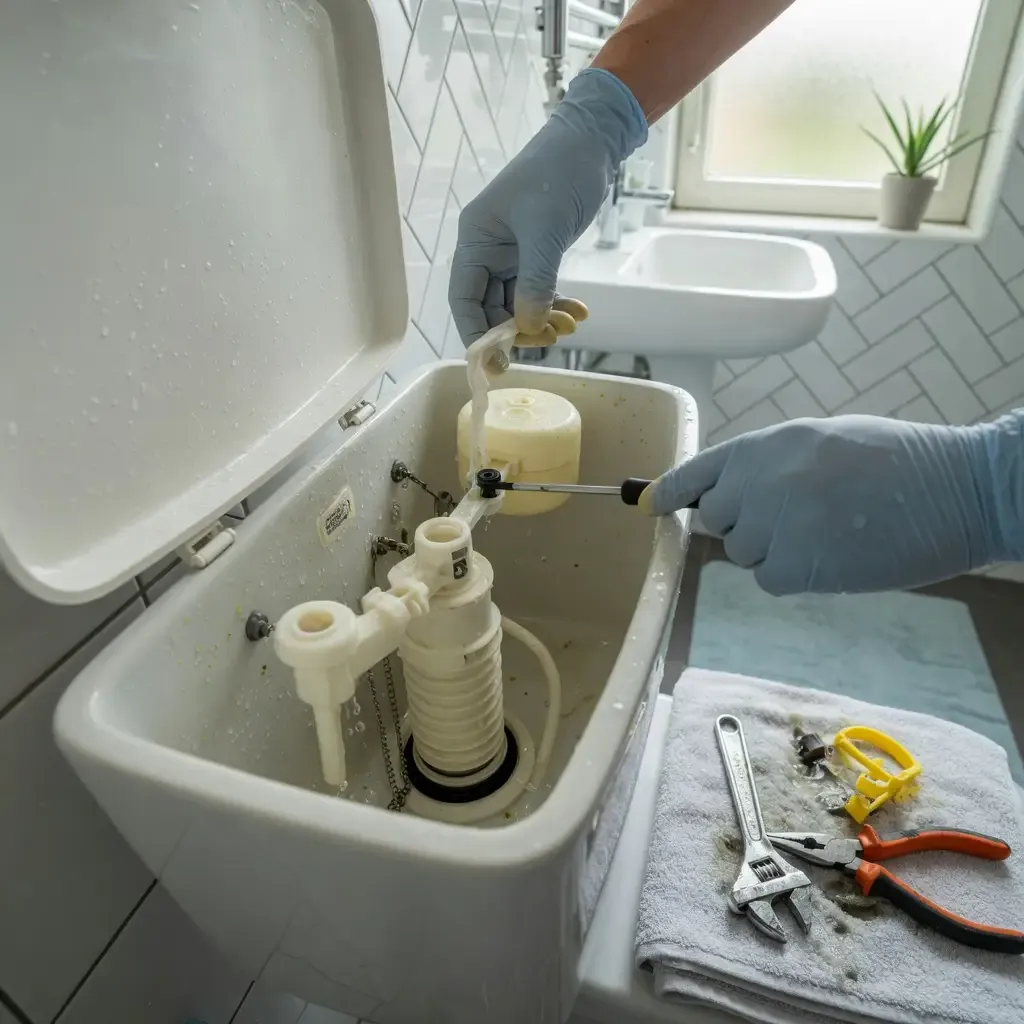 Reparatie van het spoelmechanisme in de stortbak van een toilet