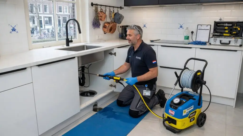Professionele loodgieter met ontstoppingsapparatuur