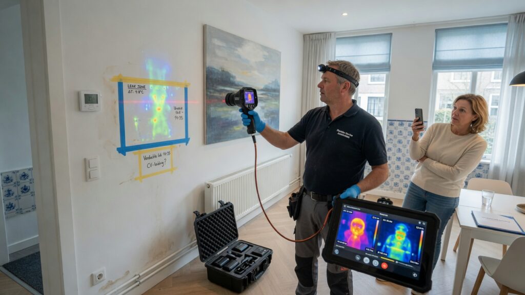 Loodgieter gebruikt thermische camera voor lekdetectie in Utrecht woning