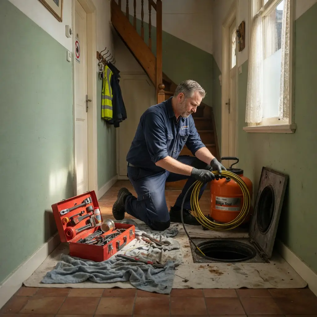 Loodgieter ontstopt het riool van een woning in Utrecht met een ontstoppingsveer