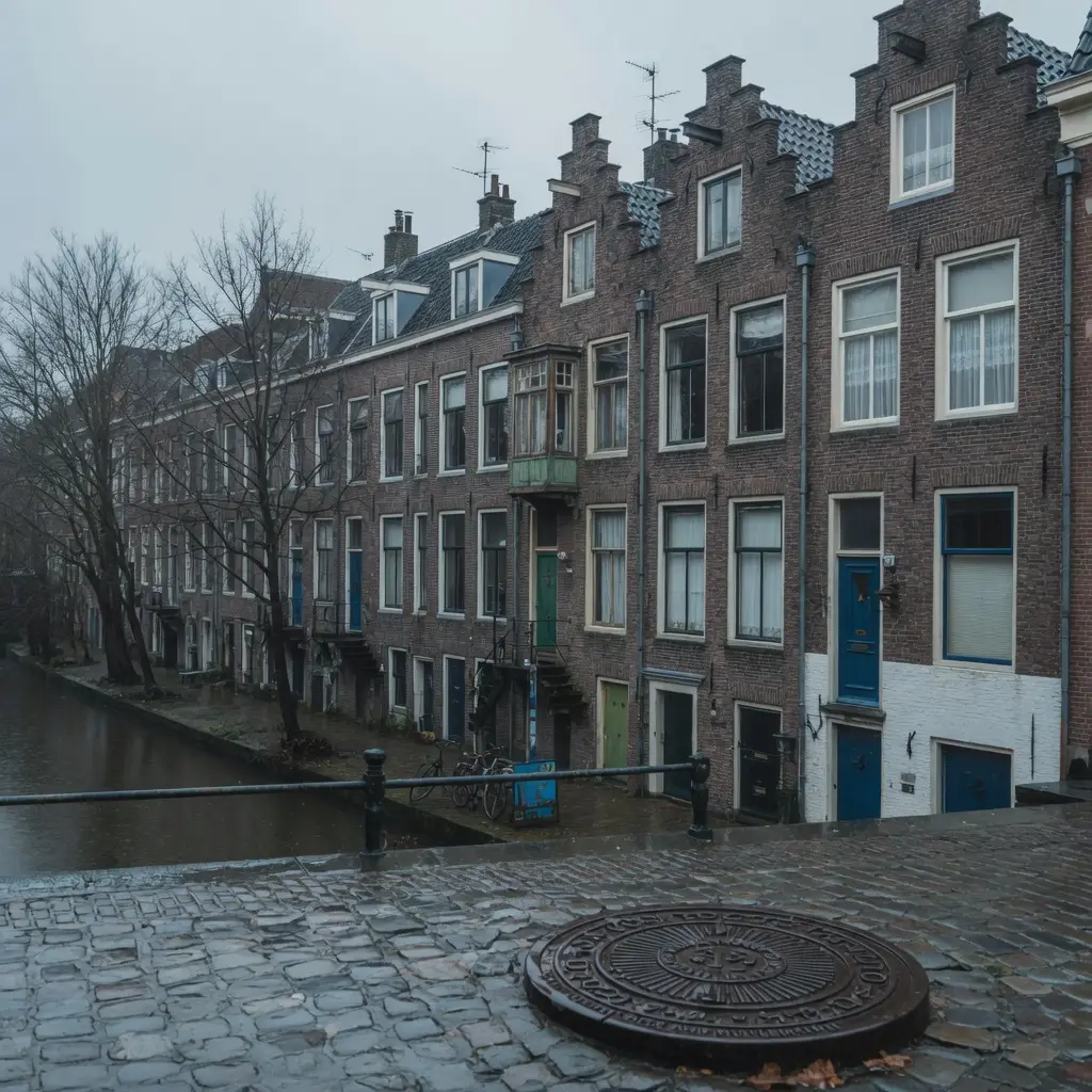 Oude woningen in de Utrechtse binnenstad met een rioolput in de straat