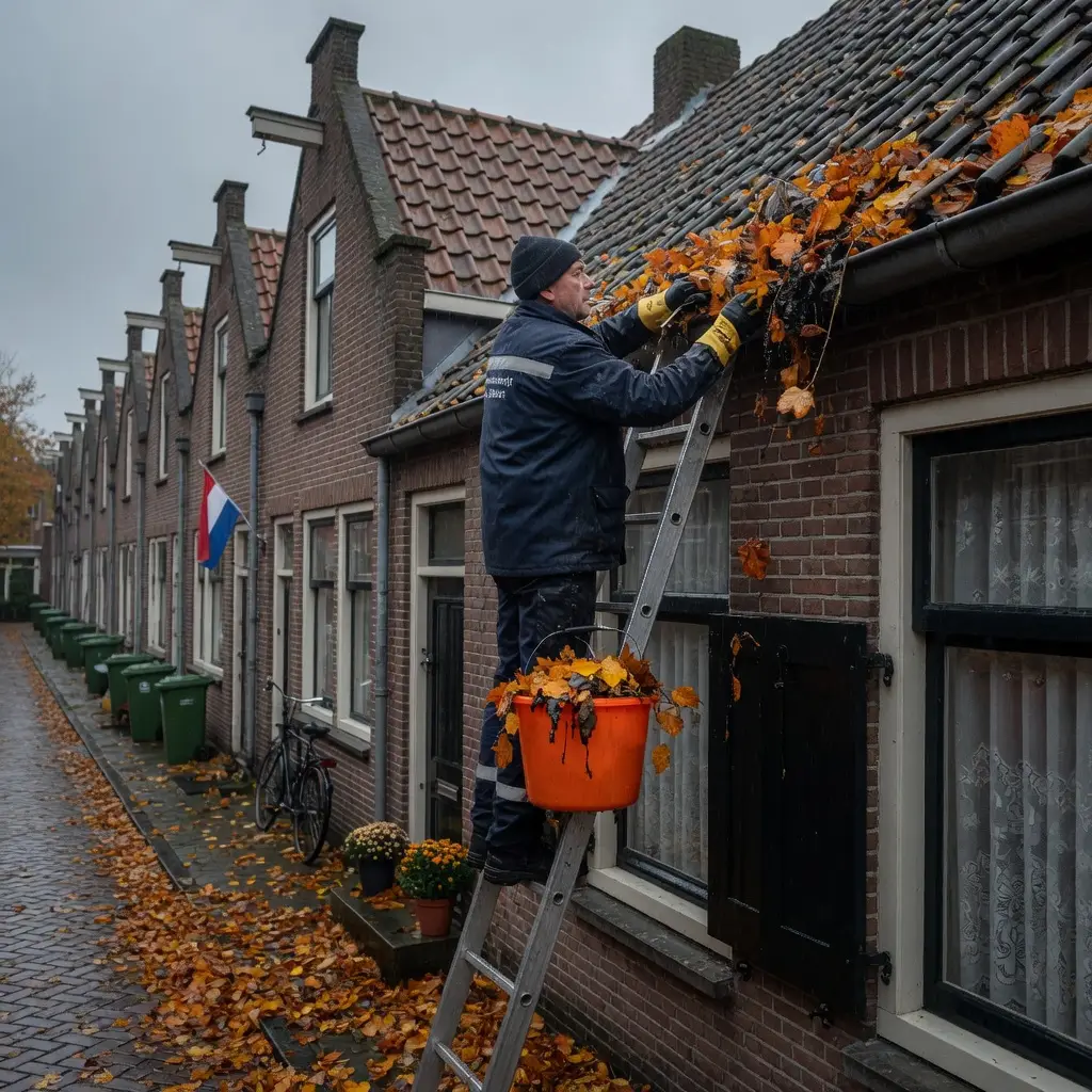 Loodgieter maakt een dakgoot vol herfstbladeren schoon aan een Utrechtse woning