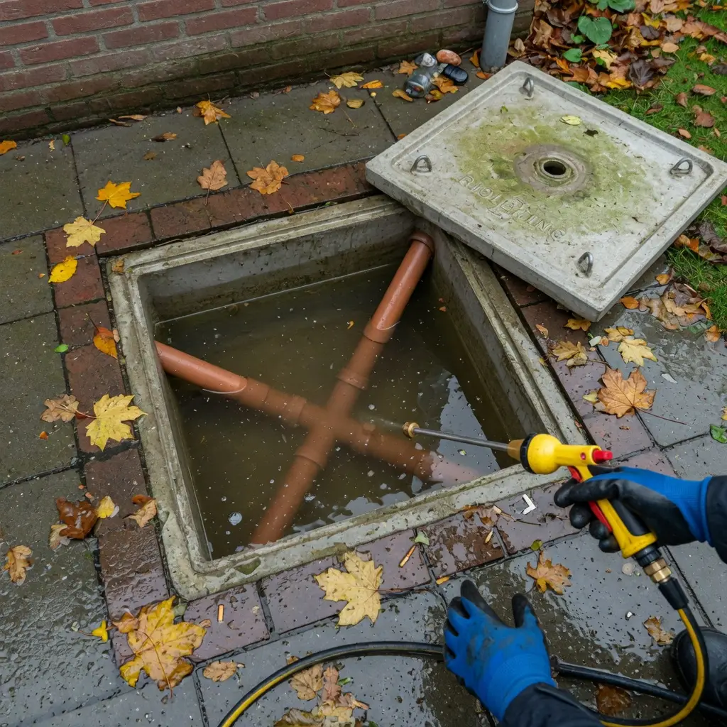 Verstopte verzamelput in een Utrechtse tuin met hoog staand rioolwater