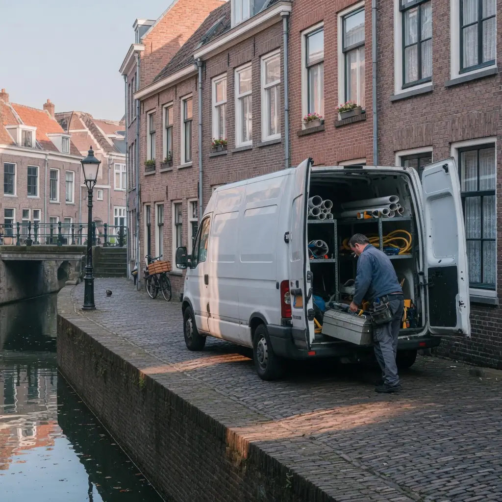 Bestelbus van een loodgieter in een Utrechtse straat bij een gracht