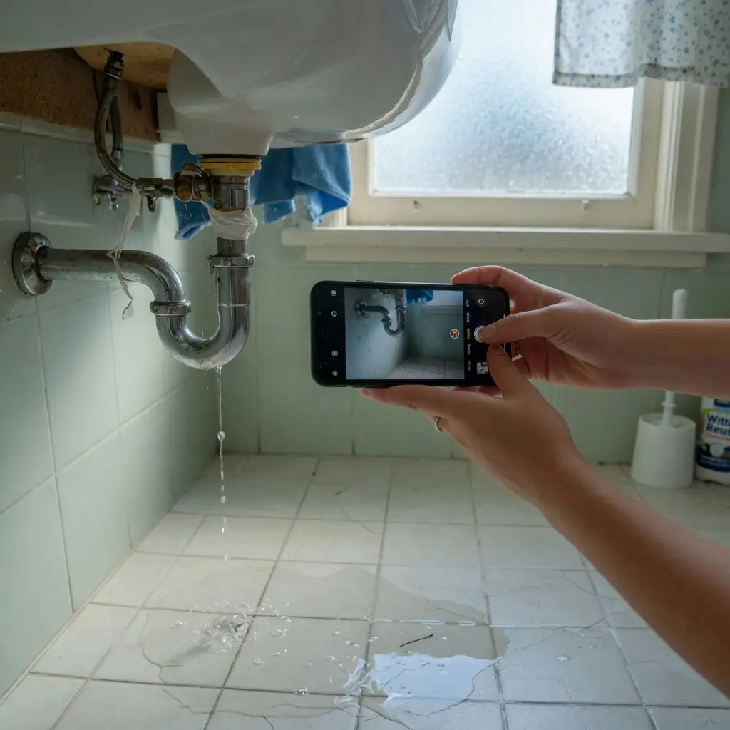 Bewoner maakt met de telefoon een foto van een lekkende leiding onder de wastafel