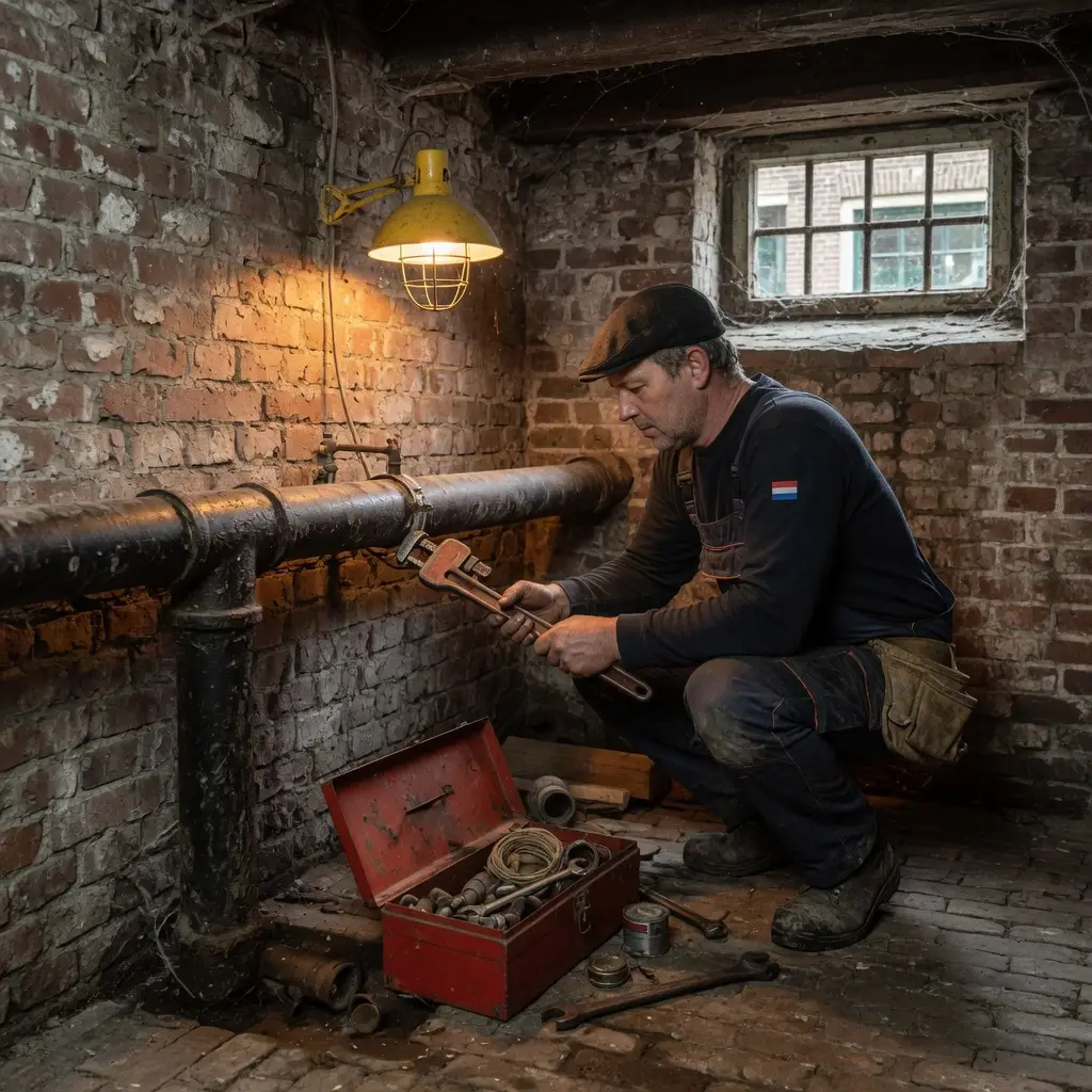 Loodgieter inspecteert een oude afvoerleiding in de kelder van een Utrechts grachtenpand