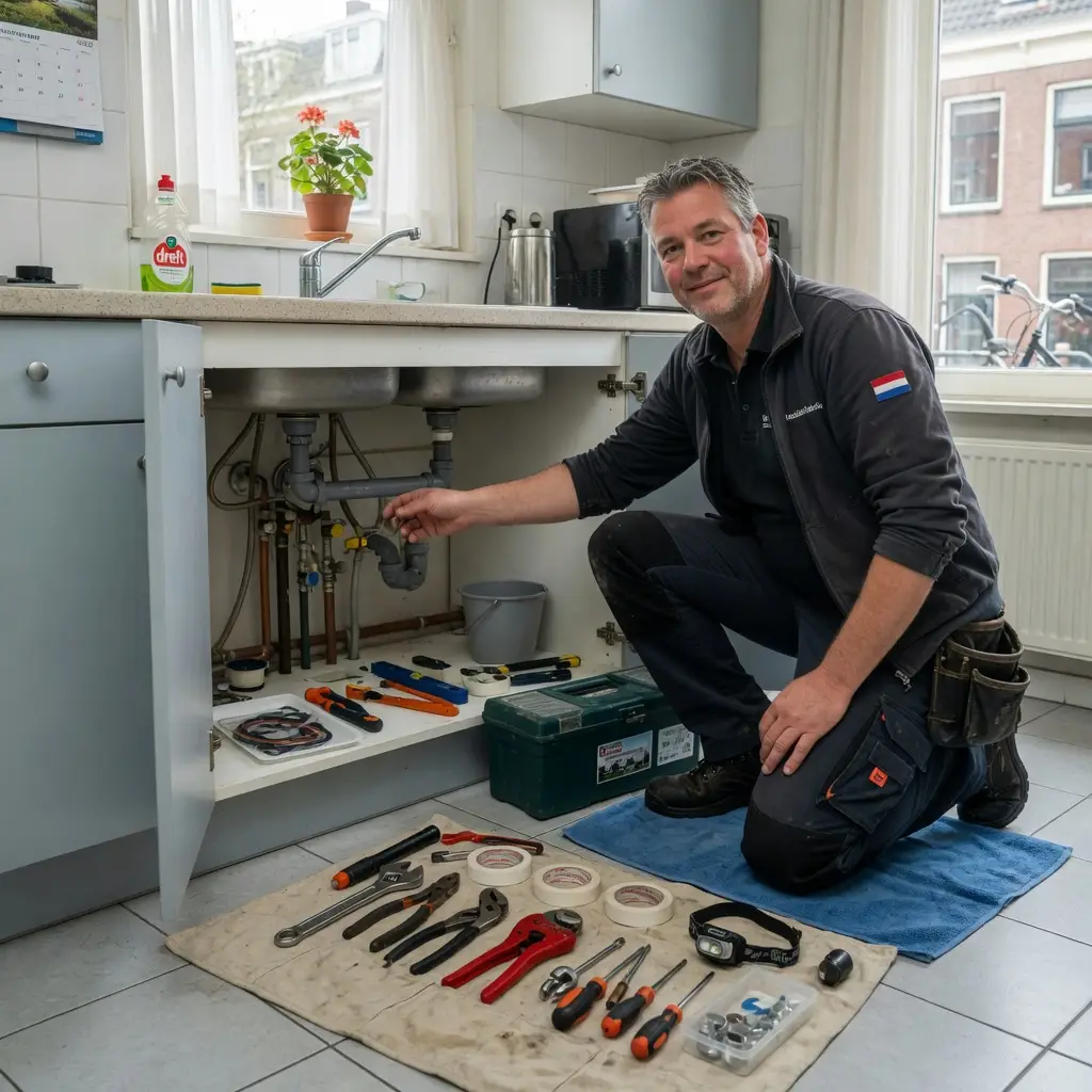 Loodgieter uit Utrecht werkt aan een afvoer onder de keukenspoelbak