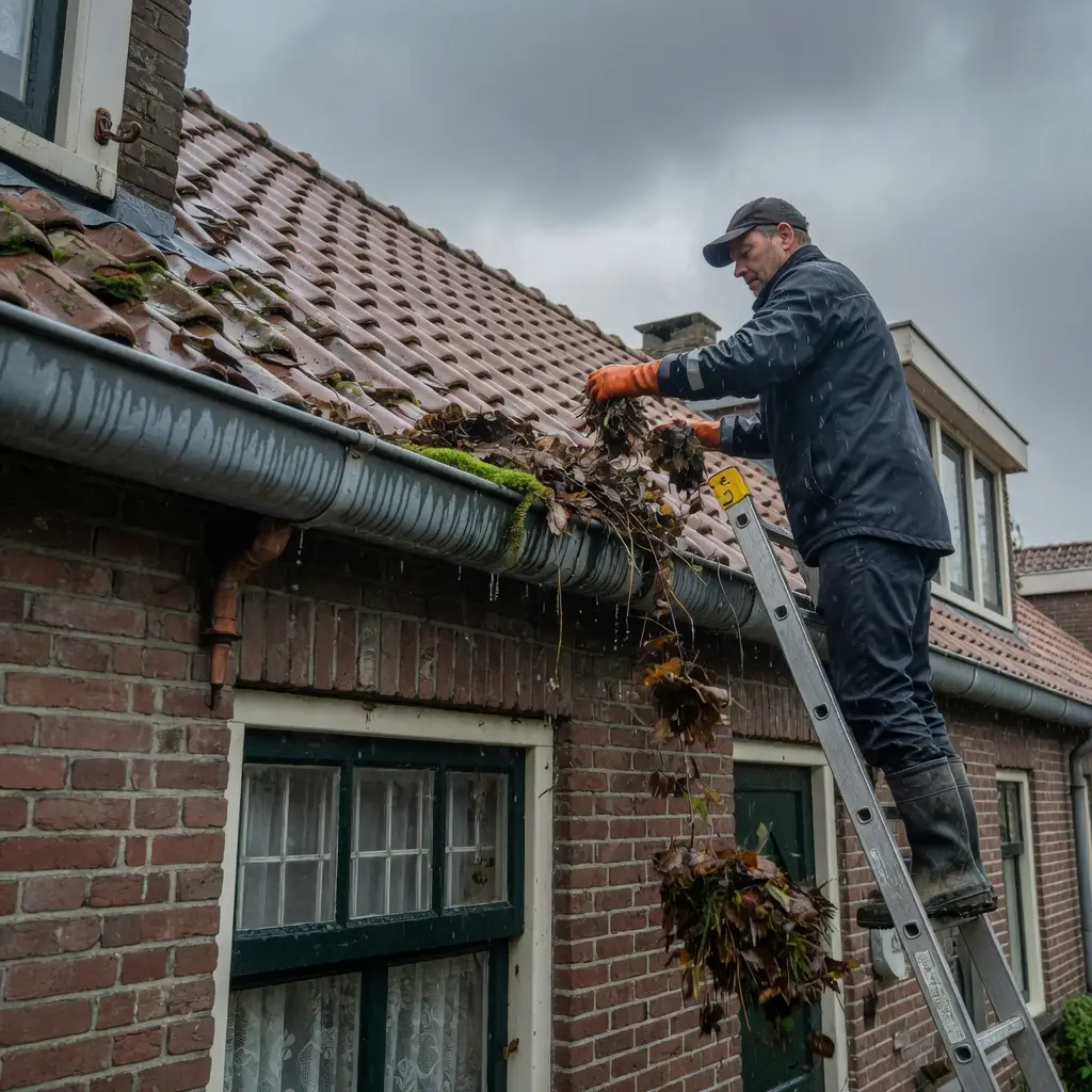 Loodgieter maakt verstopte dakgoot schoon bij daklekkage in Utrecht